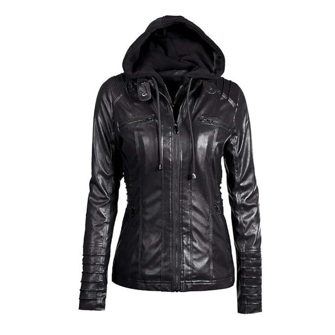 Geili Jacke Damen Faux Lederjacke Kurze Reißverschluss mit Kapuze Einfarbig Langarm Kapuzenmäntel Kunstleder Bikerjacke Jacke