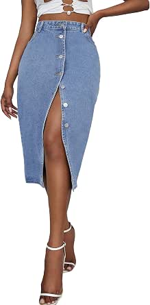 Amazon.com: SheIn Falda midi de mezclilla para mujer, longitud por debajo  de la rodilla, elástica, ajustada, falda de lápiz : Ropa, Zapatos y Joyería