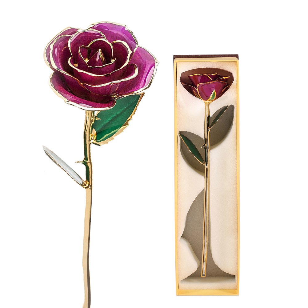 ZJchao 24K Gold Rose, Long Stem Romantic Purple Rose Handmade Eternal Real Rose Gold Plated Gold Rose Flowers for Her Valentine's Day