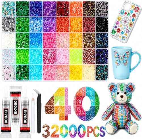 32000 Pcs Flatback Resin Rhinestone Kit, 40 Colours, 3mm, with 3 Jewellery Glue and Tools, for Nail Art, Crafts and DIY