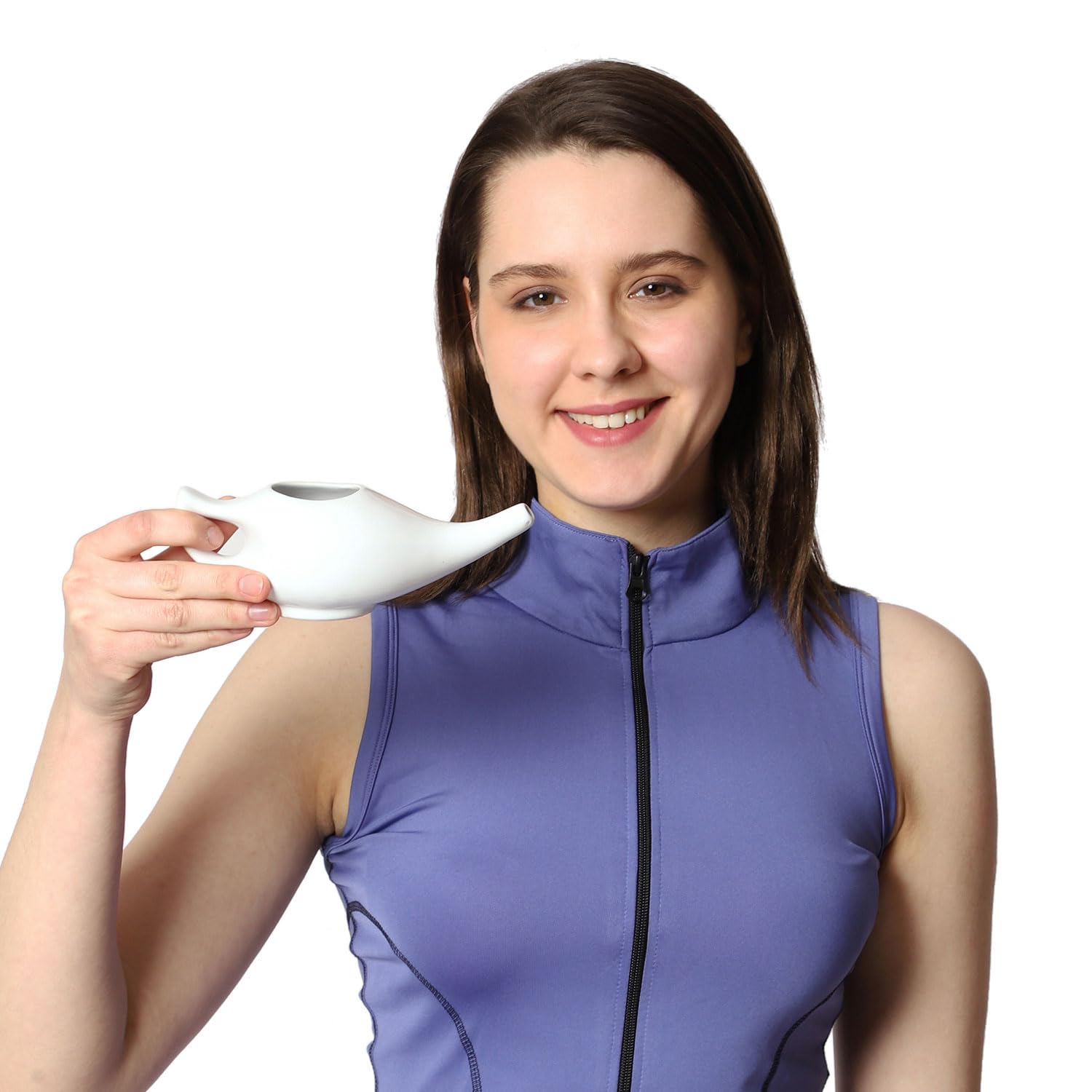 Ceramic Neti Pot Premium Handcrafted, Nose Cleaner for Sinus Dishwasher Safe with 2 Silicone Nozzle Tip, 225 Ml Capacity - White Color