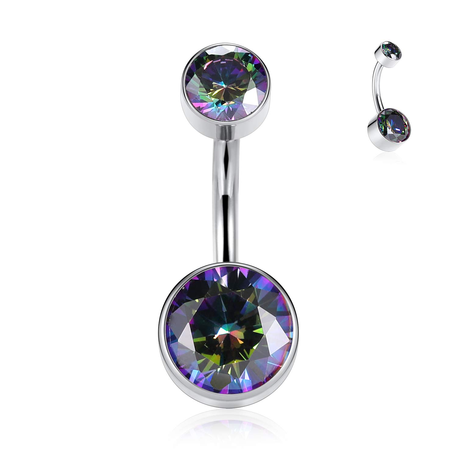 G23 Titanium Navel Ring Internally Threaded Belly Button Bar Curved Shape with Vitrail CZ 14G 3/8 inch (10mm) Navel Jewellery