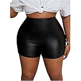 BEAUDRM Women's Plus Size PU Leather Mini Shorts High Waisted Skinny Sexy Biker Shorts