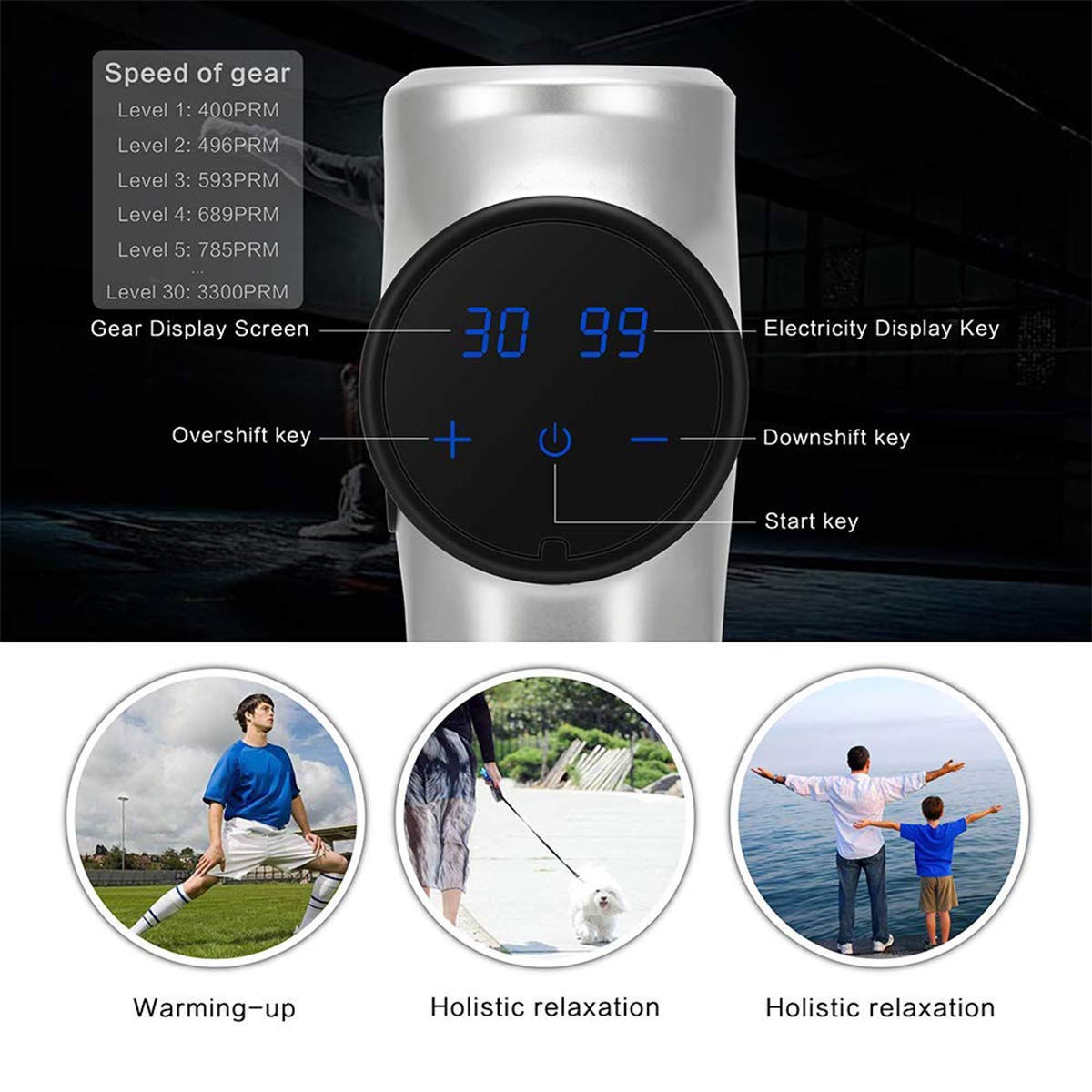 Massage Gun Deep Tissue Percussion Massager for Muscle Tension Relief, Handheld Electric Massager w/ 30 Speeds Rechargeable 2500mAh Battery 6 Heads for Athletes/Physical Therapist/Bodybuilder (Silver)