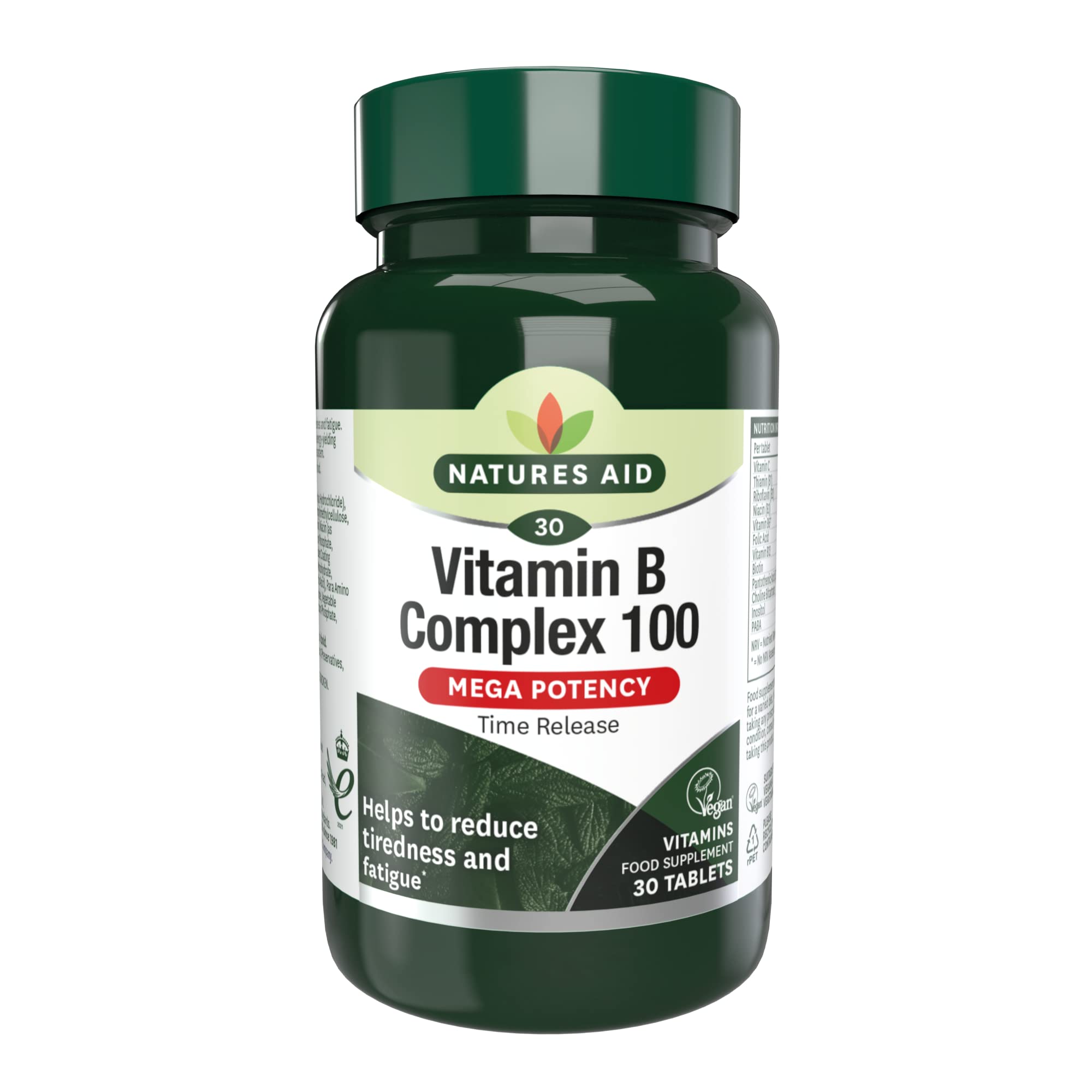 Natures Aid Vitamin B Complex 100 – High Potency B Vitamins 100mg for Energy, Metabolism, Nervous System & Immune Support – Vegan, Gluten Free, Non-GMO, Time Release – 30 Tablets