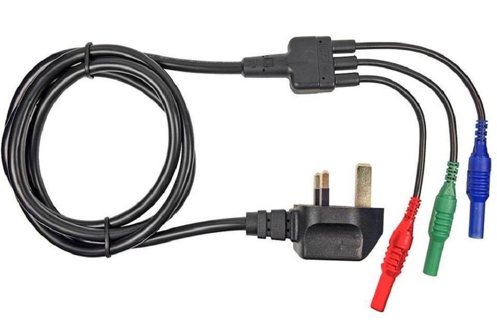 MAINS TEST LEAD CORD - SUITABLE FOR MEGGER MFT1710, MFT1720, MFT1730 & MFT1735 MULTIFUNCTION TESTER - 13A PLUG TO RED, BLUE & GREEN 4mm PLUGS