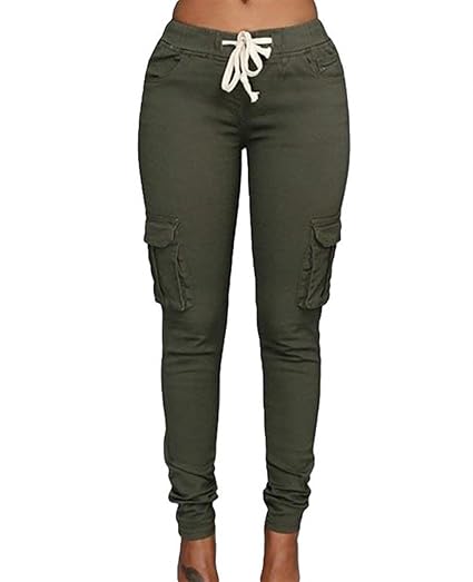 Damen Cargohose Elegante Stretch Skinny Bleistift Lange Party Stil Hosen Einfarbig Hipster Elastische Taille Mit Kordelzug Lä