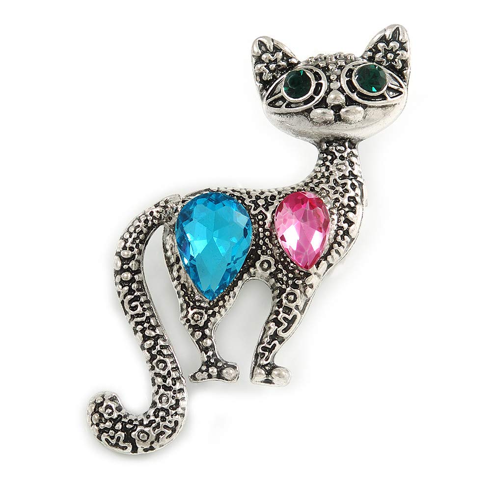 Vintage Inspired Textured Crystal Cat Brooch In Aged Silver Tone Metal - 50mm Tall