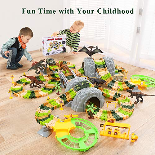 image for TEMI Deluxe Dinosaur World Toys Set with 300 PCS Flexible Race Tracks,