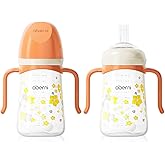 Oberni Toddler Sippy Cup 10oz, Weighted Straw Baby Drinking Water Bottle with Valved Spout for 6+ Months, 300ml/Orange/2Pack
