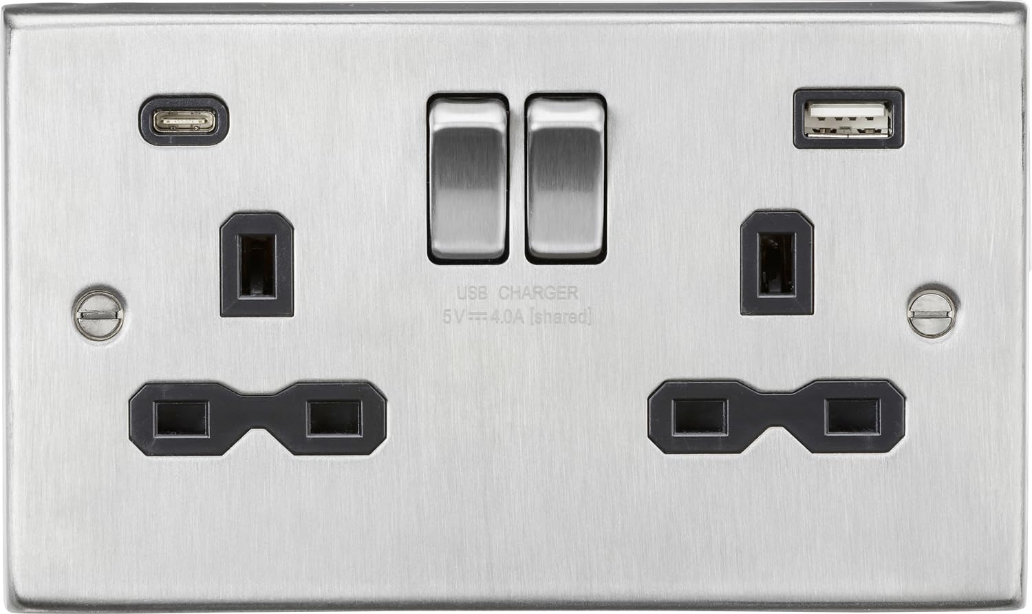13A 2G SP Switched Socket with Dual USB A+C (5V DC 4.0A shared) - Brushed Chrome with Black Insert