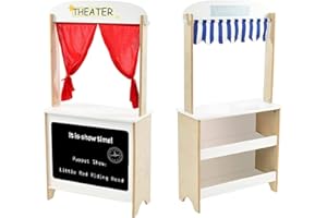 labebe - Wood Puppet Theater, Flannel Curtain Puppet Stage Theater, 2-Sided Tabletop Puppet Stage Chalkboard, 2-in-1 Puppet Theater Reversible Play Store, Multi-Function Theater for Ages 3 and up