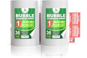 DowDew [72 Total Feet] Perforated Bubble Wrap Roll [2 Pack - 12inch x 36ft Rolls] Cushioning Packing Wrap for Moving Shipping Packaging with 10 Fragile Stickers, Clear