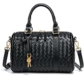 Woven Handbags for Women Vegan Leather Boston Barrel Bag Top Handle Satchel Purses and Handbags Crossbody Shoulder Bags