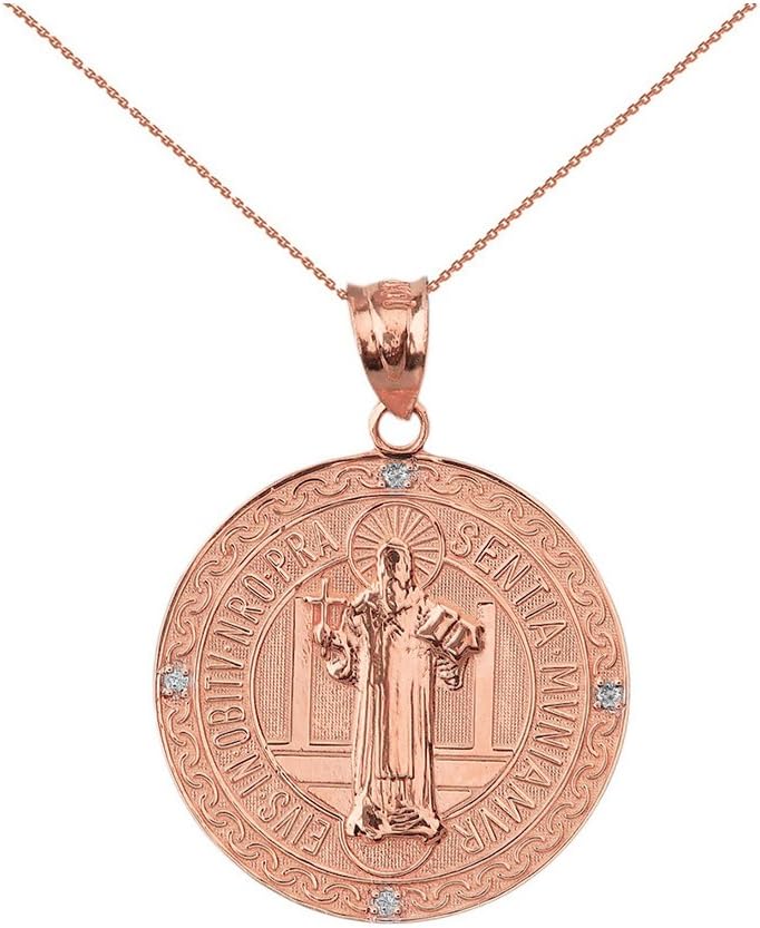 Medalla De San Benito Saint St Benedict 14k Rose Gold Coin Necklace (1")