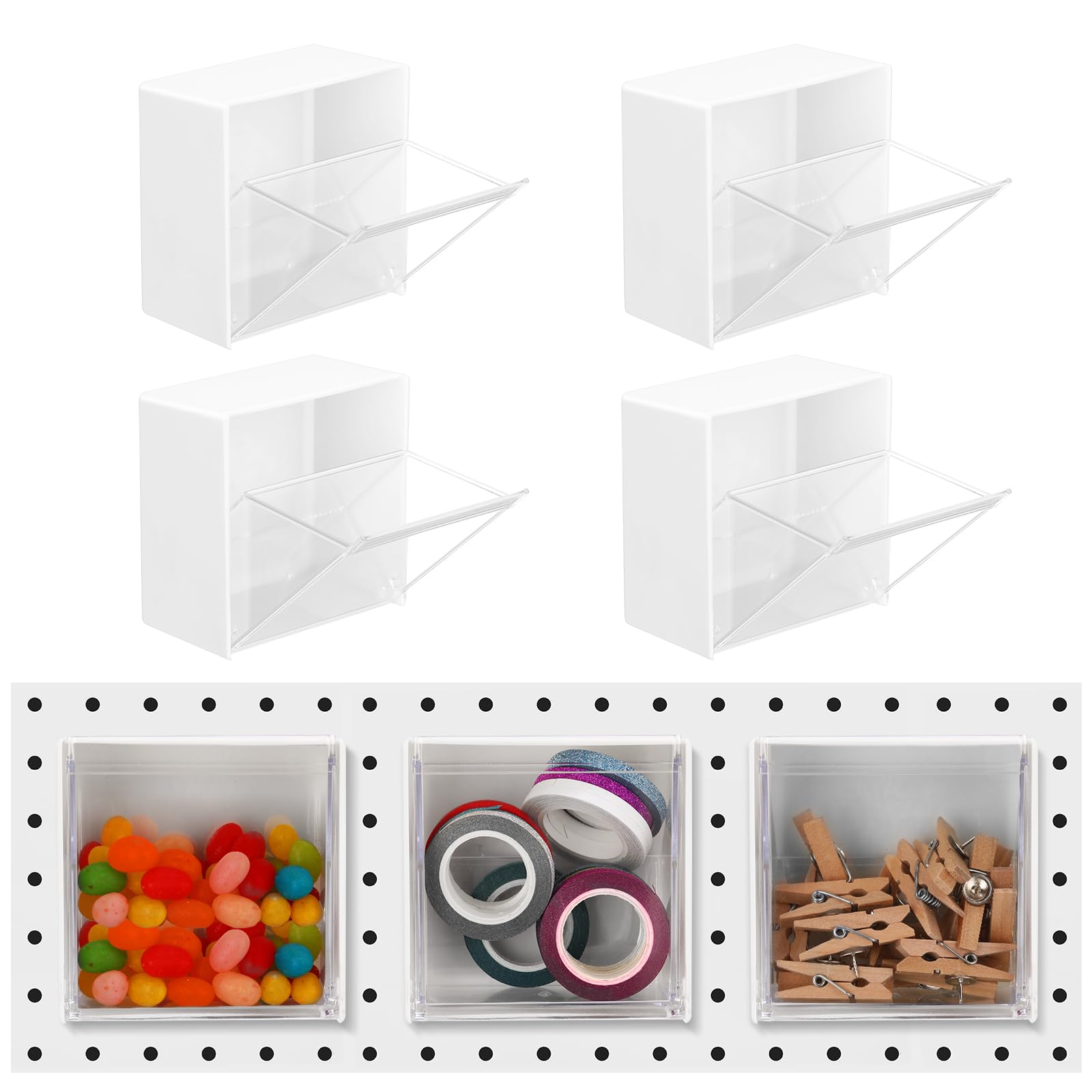 Photo 1 of Soaoo 4 Pcs Small Pegboard Bins Magnetic Pegboard Containers clear Square Plastic Bins with Lids for Garage Workbench Workshop Room Organizing Craft Tool Hardware Small Parts Storage Accessories