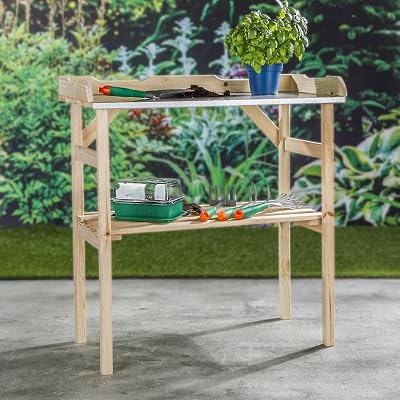 Unibos Wooden Potting Table with Zinc Top & Shelf, 82x78cm Garden Bench
