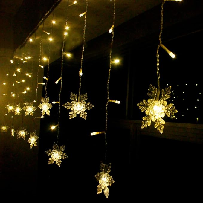 KACOOL 3.5m 96 LED String Light Snow Curtain Lights with 16 Hanging Snowflakes, 8 Flashing Modes Home Decoration Plug-in Operated Wire Led Lights Waterproof IP65 for Diwali, Christmas ETC (Warm White)