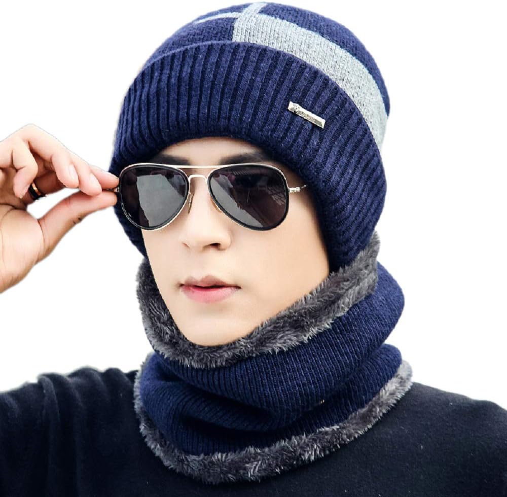2-Pieces Beanie Hat Scarf Set Winter Warm Fleece Lined Skull Cap and Scarf for Men Women