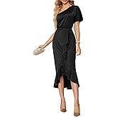 Simplee Women's Sexy One Shoulder Midi Cocktail Dress Fall Formal High Low Ruffle Elegant Party Dress for Wedding Guest (Black Large)