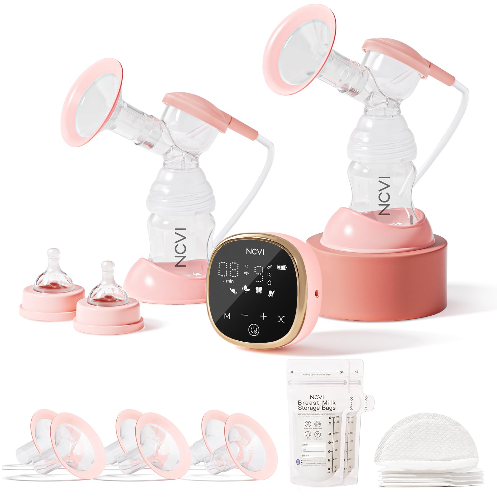 NCVI Double Electric Breast Pump 8782, Portable Anti-Backflow, with 4 Size Flanges, 4 Modes & 9 Levels, LED Display, 10 Breastmilk Storage Bags, Ultra-Quiet and Pain Free Breast Pumps