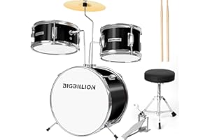 BIGBILLION Drum Set for Kids 3-Piece 14'' Beginner Kids Drum Kit Junior Drum Set with Bass Tom Snare Drum with Adjustable Throne, Cymbal, Pedal, Drumsticks (Black)