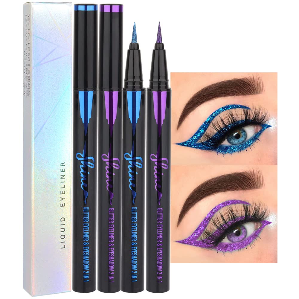 Photo 1 of evpct 2Pcs Royal Blue & Purple Glitter Colored Liquid Eyeliner Eye Shadow Makeup Pencil Set, Purple Blue Face Body Glitter Makeup Fake Eyelashes Mascara, Sparkle Metallic Shimmer Eyeliner Waterproof