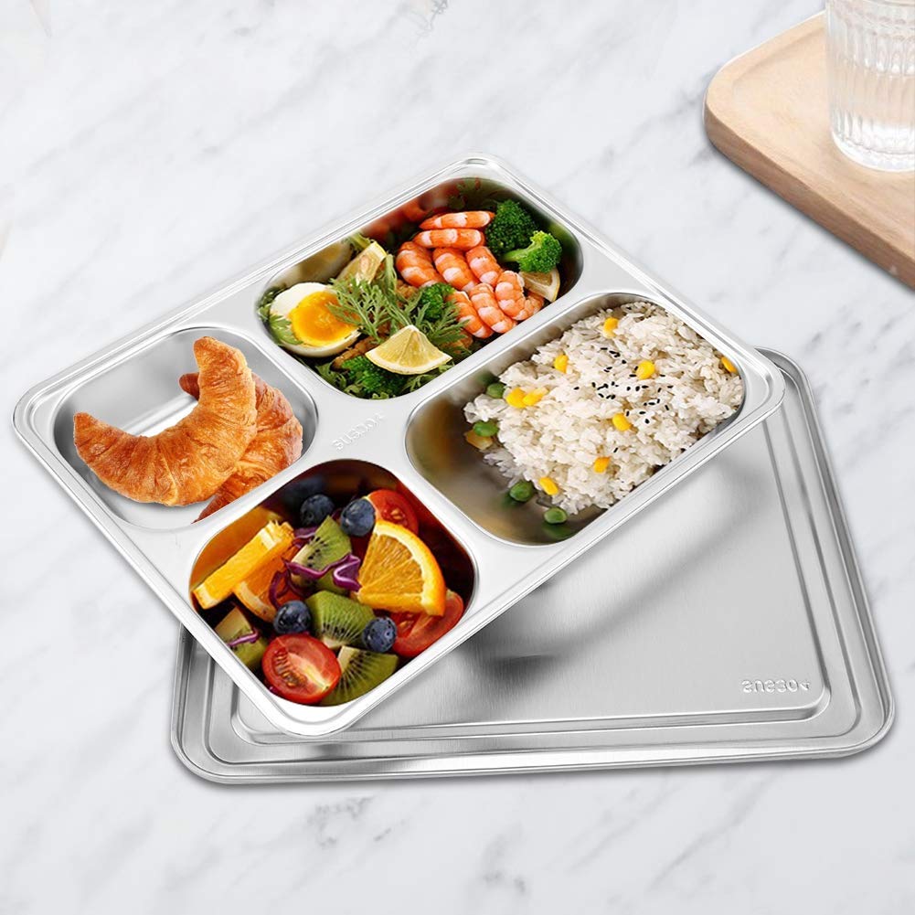 Wifehelper Food Tray Stainless Steel Food Serving Tray Canteen Lunch Box with Cover Food Storage(4 Divided)
