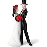 LemonRoad Day-of-the-Dead Couple Skeleton Figurines, Red Rose | Halloween Wedding Cake Topper, Skeleton Bride and Groom Figurine, Dia De Los Muertos Decorations, Gothic Resin Statues