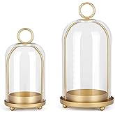 Versatile Metal Candle Holder Set with Handmade Glass Dome,Antique Brass Pillar Candle Stand, 5.2" & 4.1" Wide for Tabletop or Hanging, Industrial & Farmhouse Decor