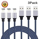 Charger, Atill Lightning Cable 3Pack 10FT Nylon Braided  8Pin Lightning Charging & Sync Charger Cord for  7 7Plus 6s 6sPlus 6 6Plus SE 5 5S 5C iPad iPod & More (BlackBlue)