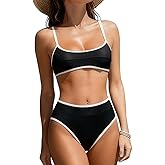 SOULSHE High-Waisted Bikini Set for Women Two Piece Adjustable Spaghetti Straps Bathing Suit Color Block Swimsuit Swimwear