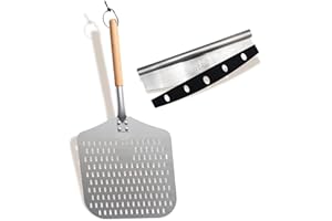 Perforated Pizza Peel, Professional 12 x 14 Inch Paddle Anodized Aluminum Turning Peel with detachable wood handle for Home Made Pizza By Q's INN.