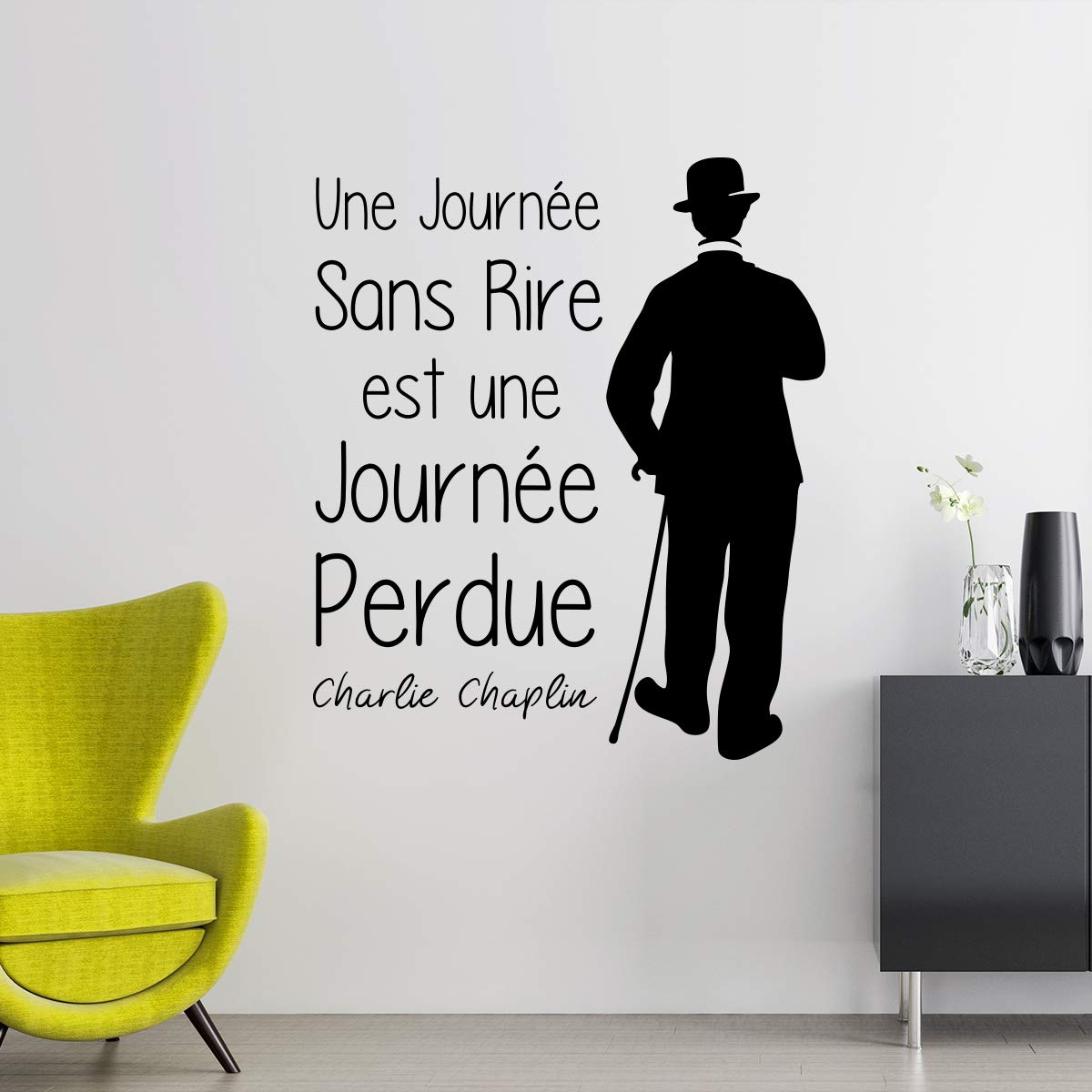 Black Quote Wall Sticker | Charlie Chaplin A Day Without Laughing is A Lost Day Wall Decoration | Waterproof/Removable 65 x 55 cm
