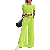 Panadila Womens 2 Piece Lounge Set Matching Workout Sets Summer Crop Tops Wide Leg Pants Going Out Outfits