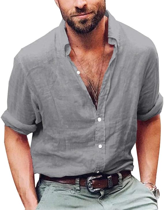 Herren Leinen Hemd Sommer Henley Shirts Langarm Business Stehkragen