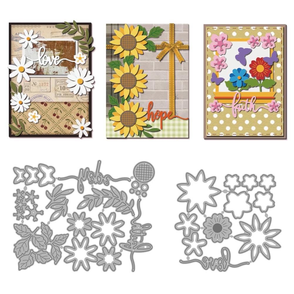 MAYJOYDIY Sunflowers Text Metal Cutting Dies Butterfly Daisy Flower Die Cuts Love Flower Leaves Carbon Steel Embossing Stencils for Card Making Scrapbooking Decorative Paper Crafts Photo Album