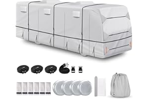 LEZZYRUCK 420D Top Class A RV Cover Fits 33'-37' Waterproof Rip-Resistant Anti-UV Motorhome Camper Cover for Winter Snow with Jack Cover 4 Tire Covers and Gutter Covers
