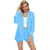 HRESSLBD Women Fuzzy 3 Piece Outfit Pajamas, Hooded Cardigan Outwear Sleeveless Crop Tops Shorts Nightwear Set (S-3XL)