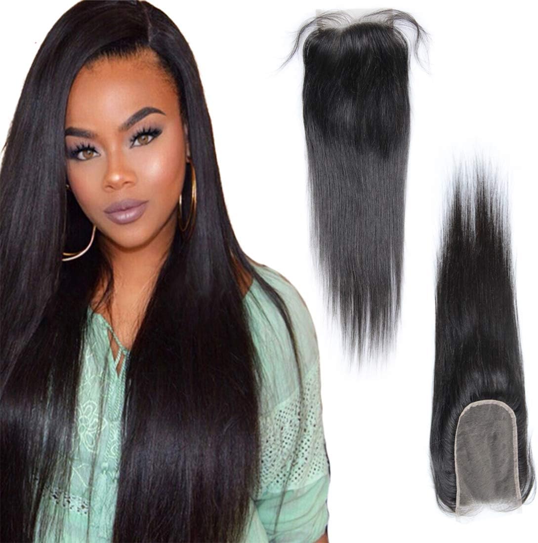 Kafeier 7a Virgin Brazilian Straight Human Hair Lace Top Closure 4x6" Bleached Knots Remy Human Hair Closure Free Part Dark Brown (10", Free Part)