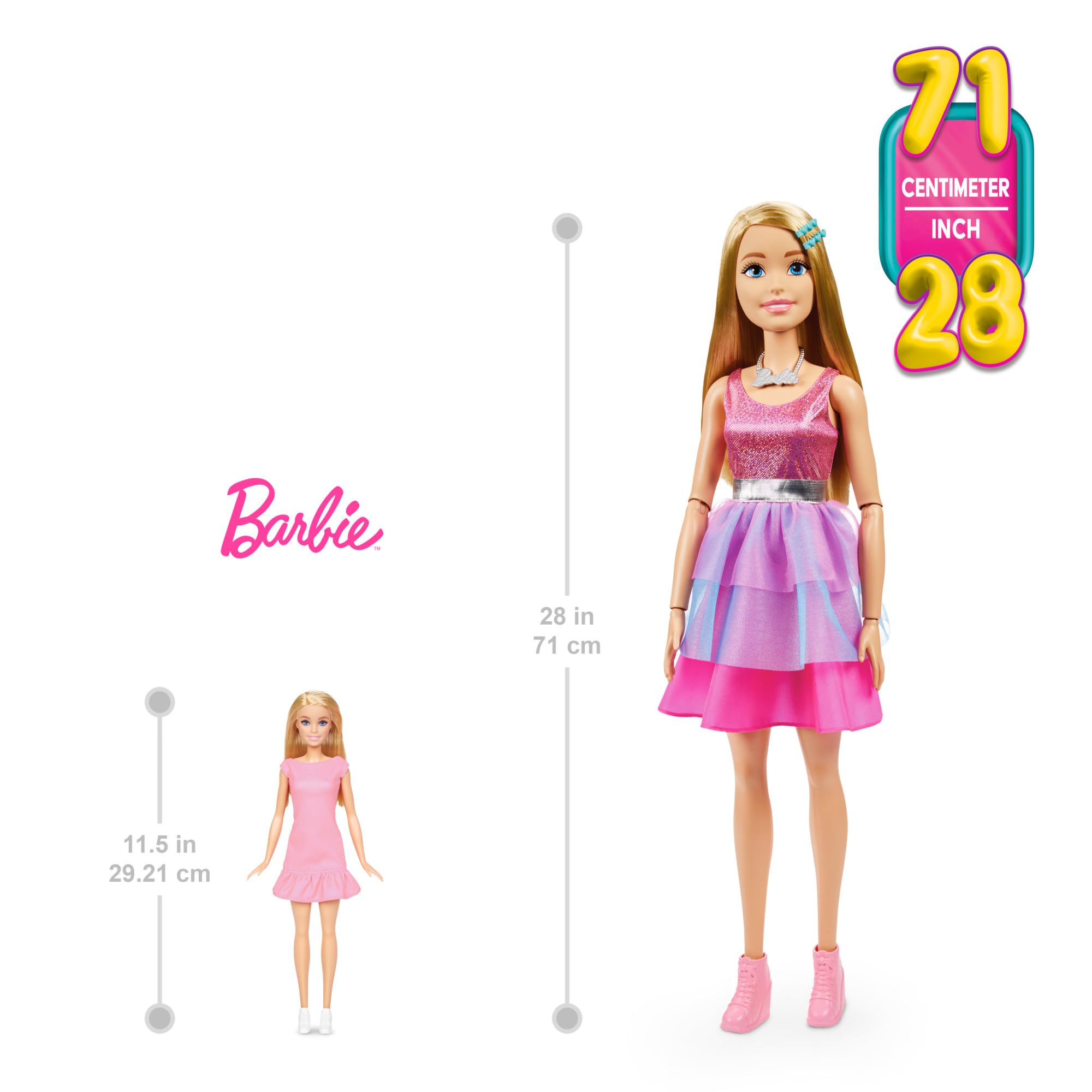 Large Barbie Doll with Blond Hair, 28 Inches Tall, Shimmery Pink Dress with Necklace and Hair Clip Accessories, HJY02