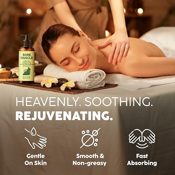 KUKKA SORE MUSCLE MASSAGE OIL FOR MASSAGE THERAPY – 6.76 FL OZ – 100% PURE NATURAL, EUCALYPTUS & ROMAN CHAMOMILE, RELAXING BODY & FACE OIL FOR SORE MUSCLES, SPA & YOGA, LIGHT WEIGHT