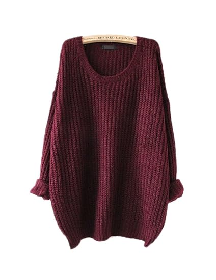 ARJOSA® Women's Fashion Oversized Knitted Crewneck Casual Pullovers Sweater (#1 Wine Red)