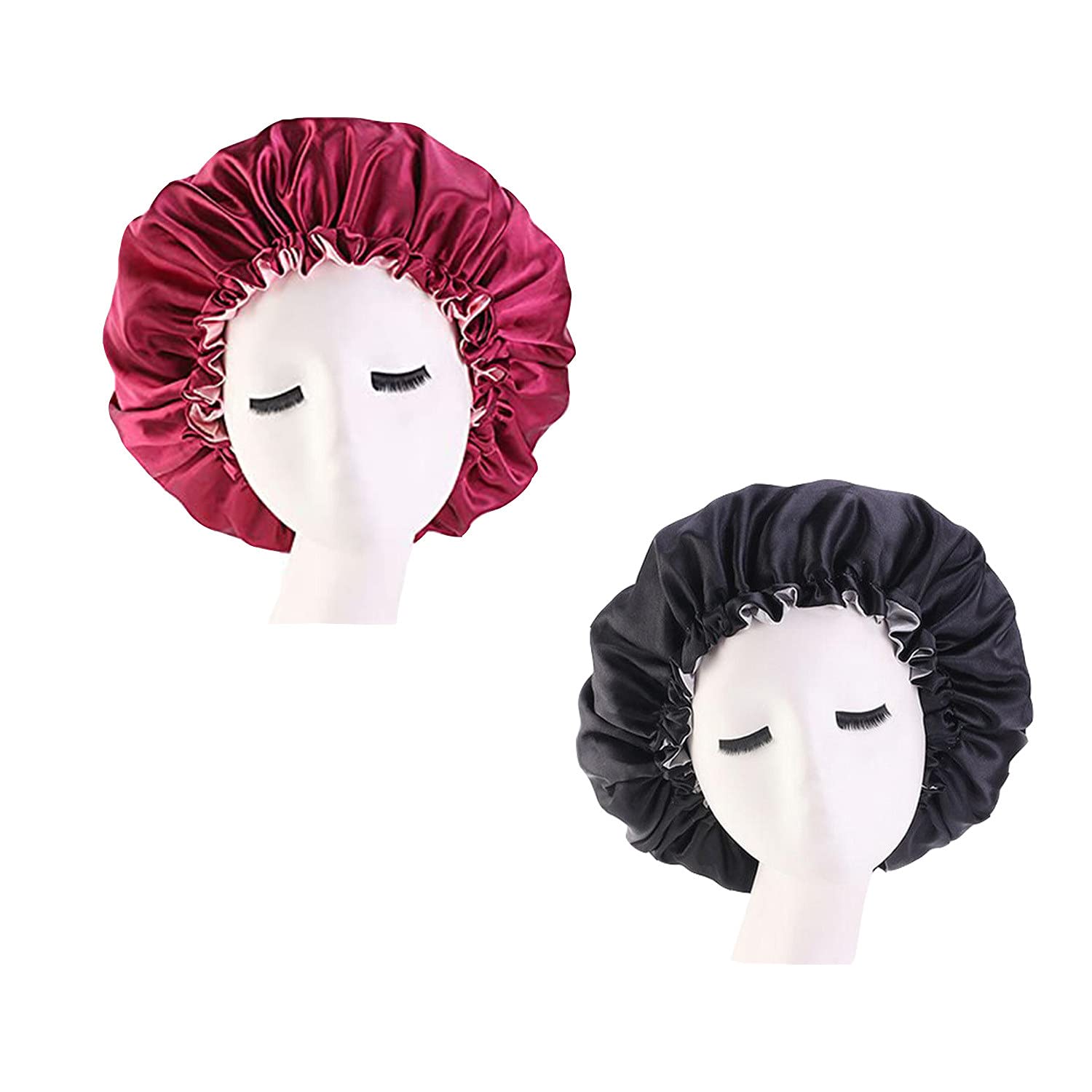 Women Double Layer Satin Bonnet Sleep Cap for Long Curly Hair 2 Color Reversible Adjustable Silky Satin Cap Extra Large (2PC-black+red) โ image 1