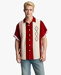 Bowling Shirts for Men Red Geometric Print Short