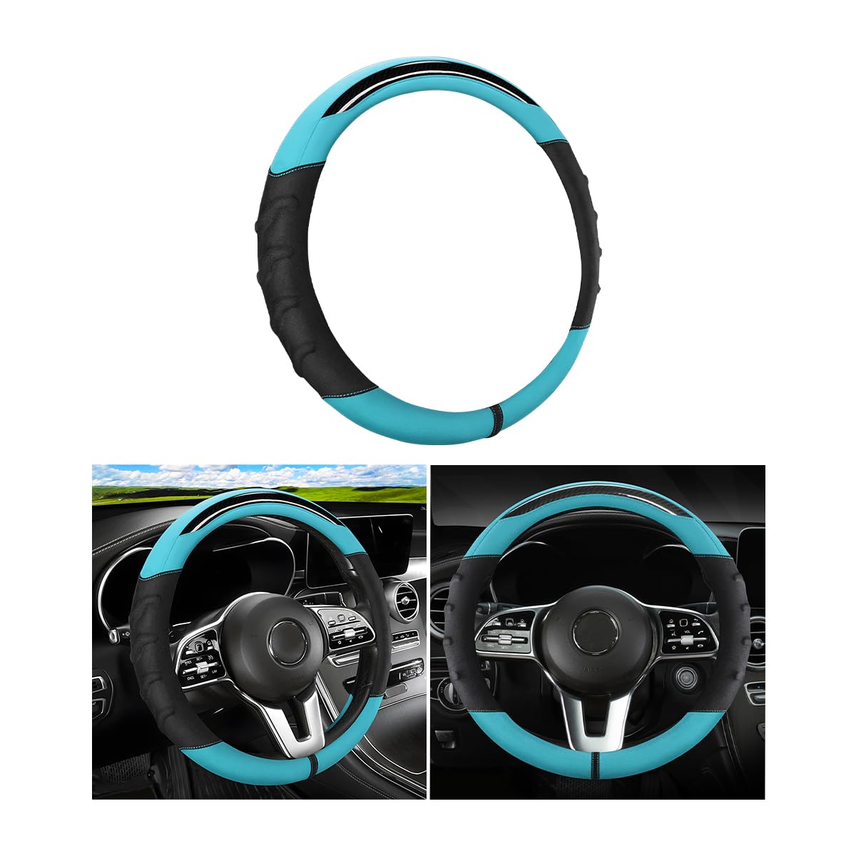 Car Steering Wheel Cover, Non-Slip Vehicle Steering Wheel Protector, Automotive Interior Accessories for Women Men, 15 Inch Universal for SUV, Truck, RV, Van and More（Black/Cyan）