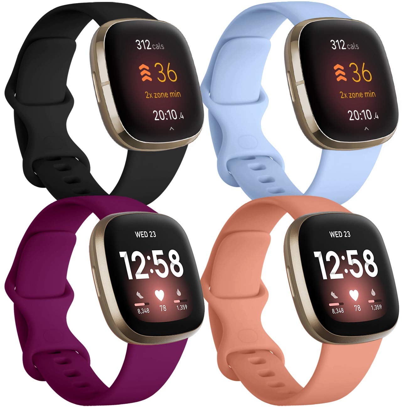 JUVEL Pack 4 Straps Compatible with Fitbit Versa 3 Strap/Fitbit Versa 4/Fitbit Sense/Sense 2 Strap, Soft Sport Silicone Replacement Wristbands for Women Men, Large Black/Fuchsia/Lalic/Peach