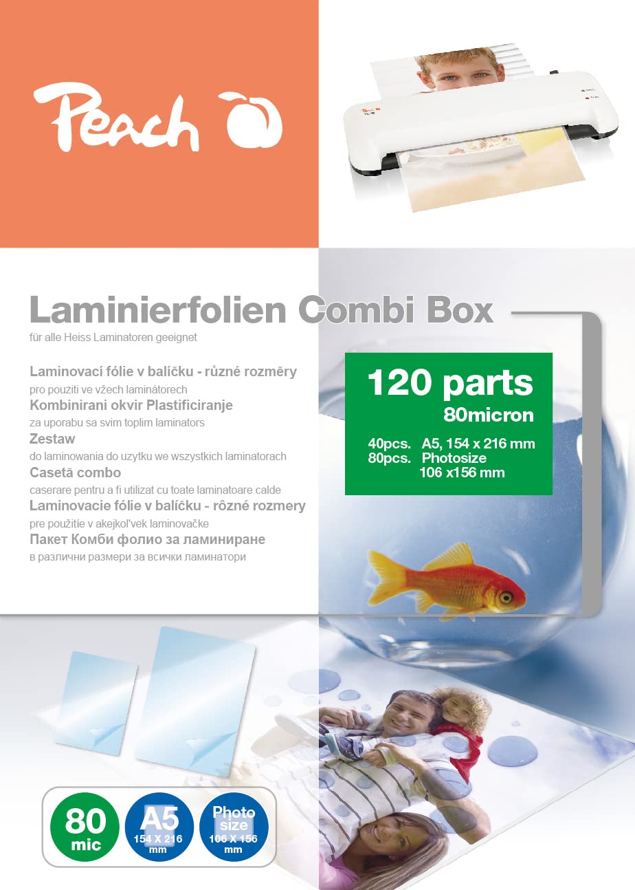 Peach PPC500-04 Laminating Pouches 40 x A5 and 80 x 10 x 15 cm Photo 80 mic 120 Pouches Glossy Compatible with Laminators of All Brand Manufacturers