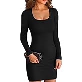 VICHYIE Women Square Neck Ribbed Bodycon Tight Dress Long Sleeve Mid Thigh Pencil Above Knee Dresses