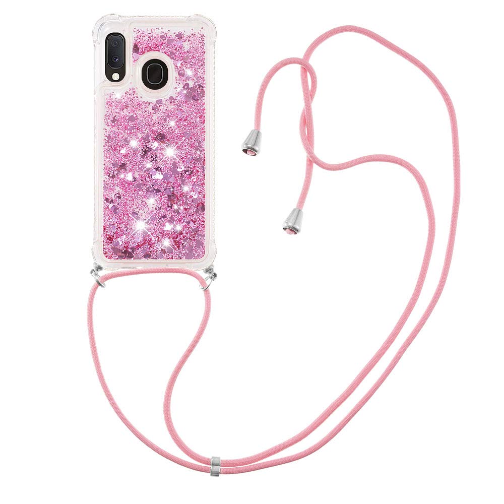 MRSTER Lanyard Phone Case for Samsung A20e, Bling Glitter Quicksand Liquid Sparkle Silicone TPU Case Cover With Crossbody Necklace Cord Strap for Samsung Galaxy A20e. LP Love Rose — image 1